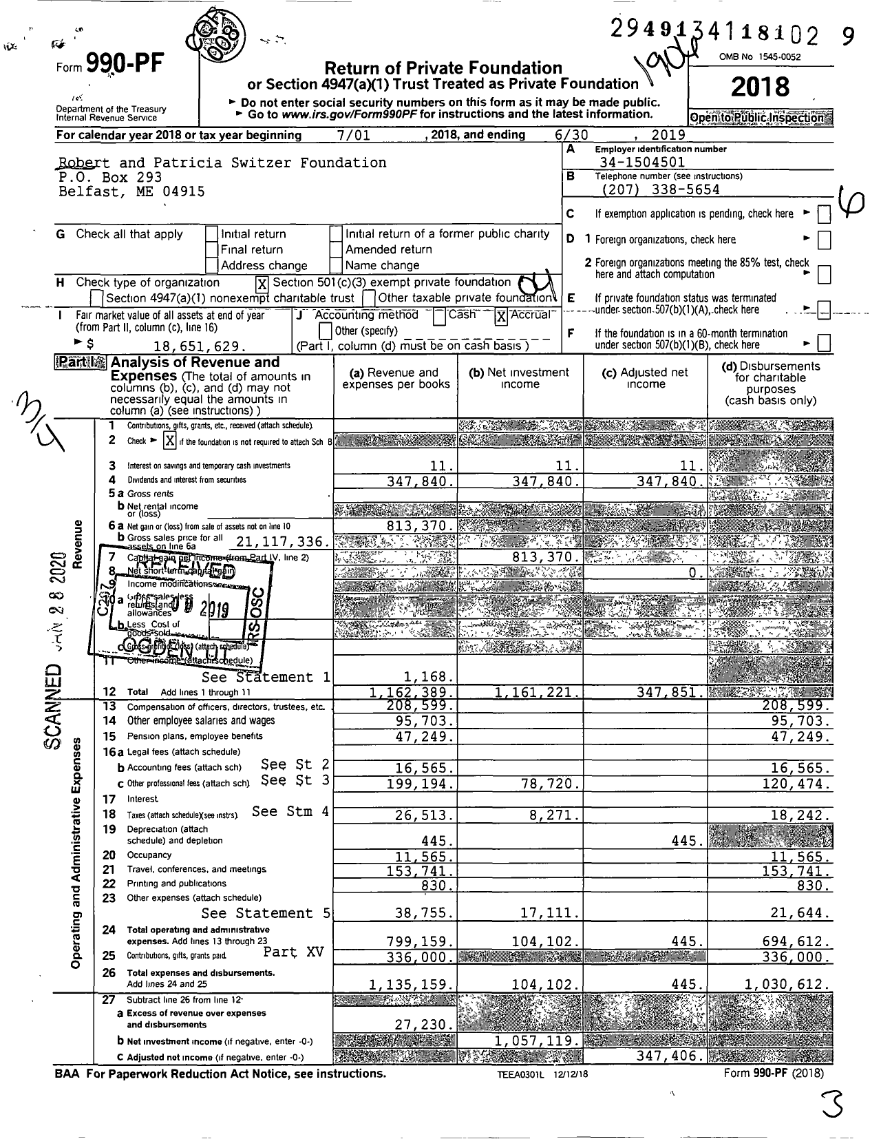 Image of first page of 2018 Form 990PF for Robert and Patricia Switzer Foundation