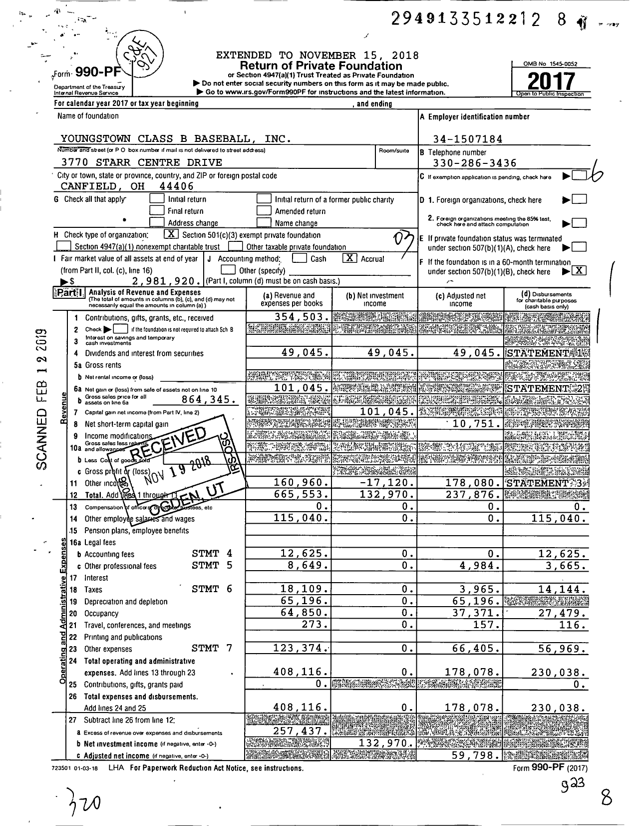 Image of first page of 2017 Form 990PF for Youngstown Class B Baseball