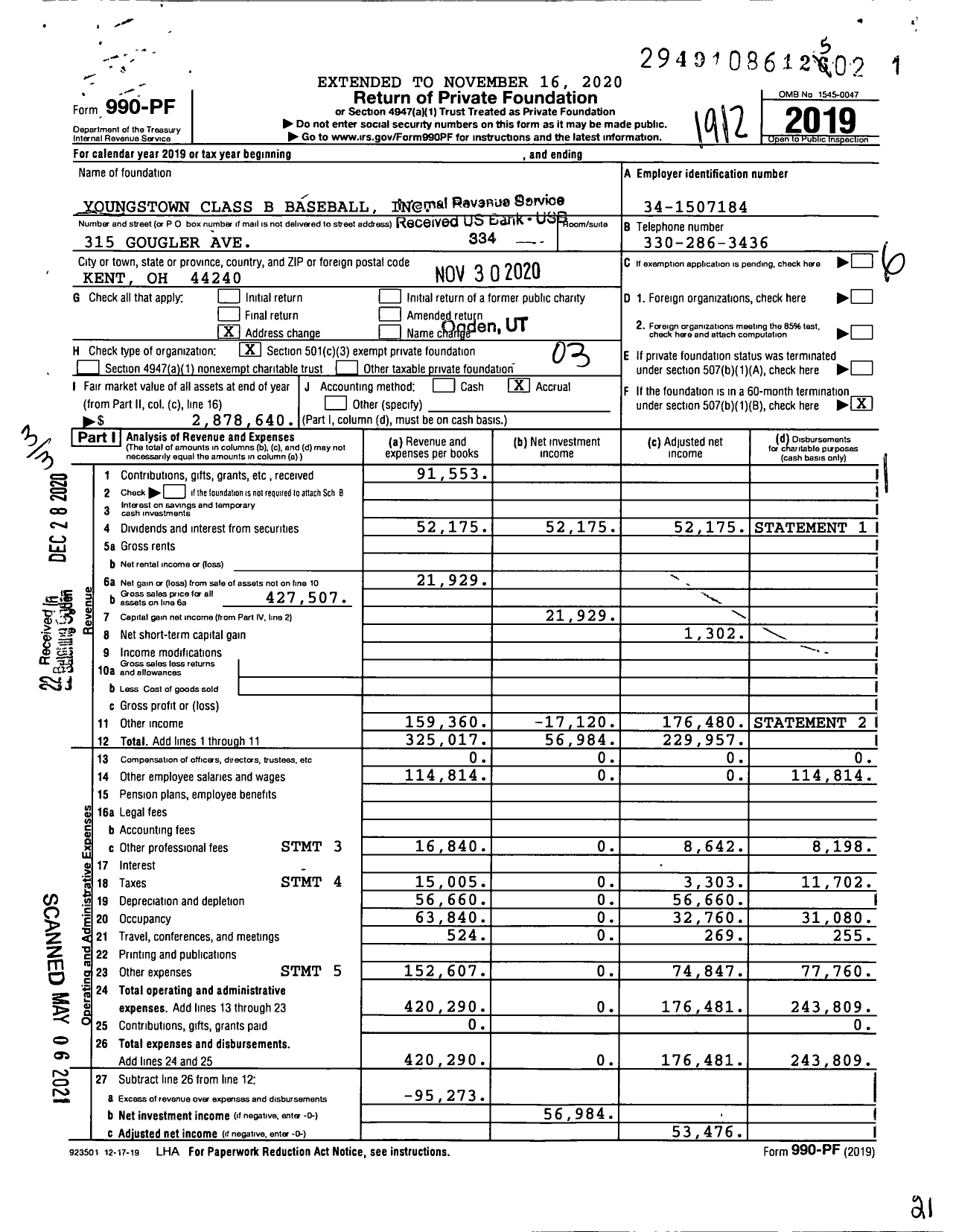 Image of first page of 2019 Form 990PF for Youngstown Class B Baseball