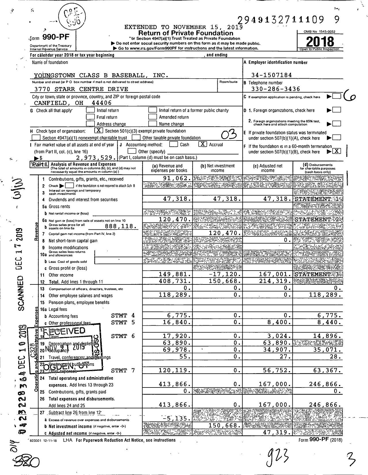 Image of first page of 2018 Form 990PF for Youngstown Class B Baseball