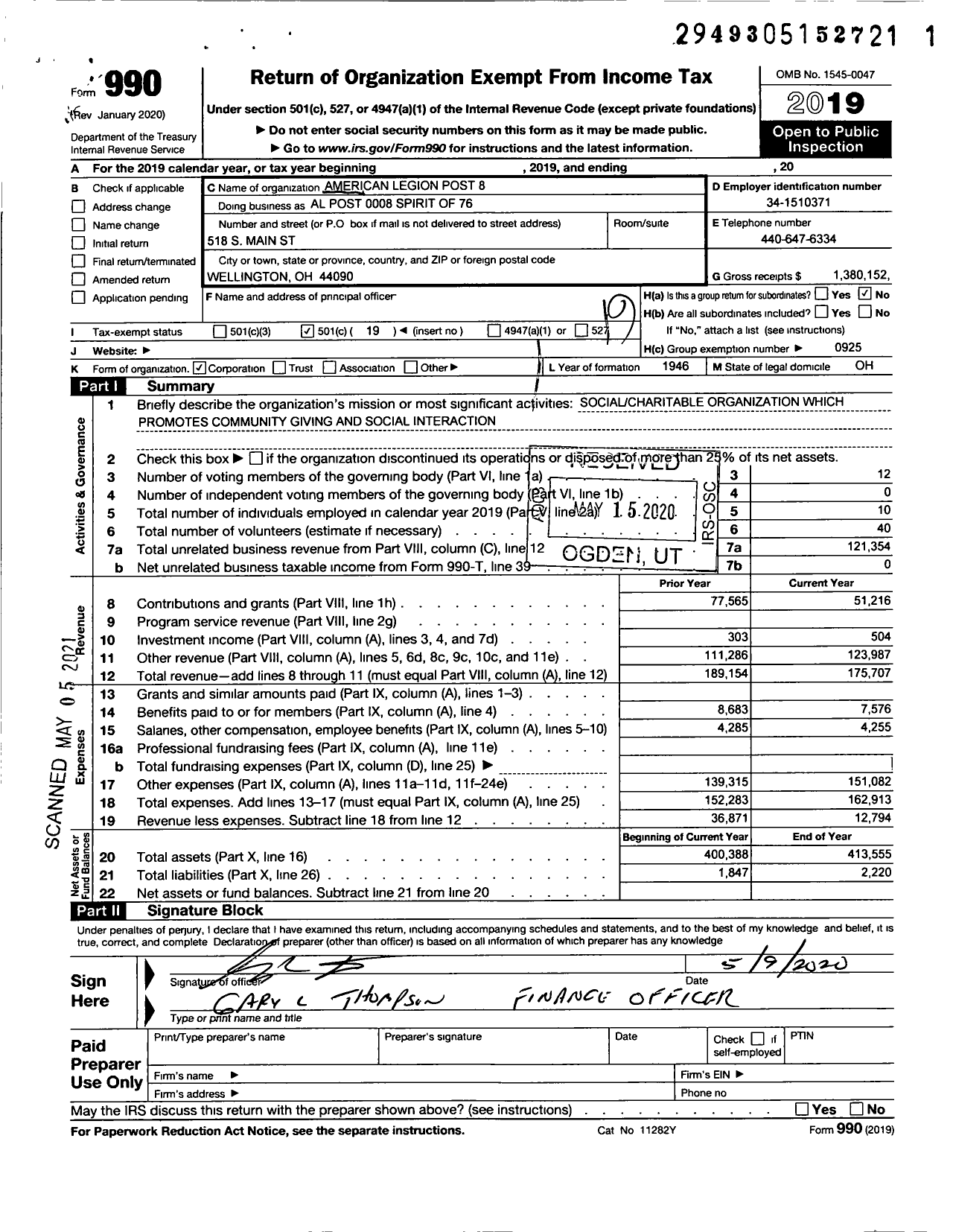 Image of first page of 2019 Form 990O for American Legion - American Legion Post 8