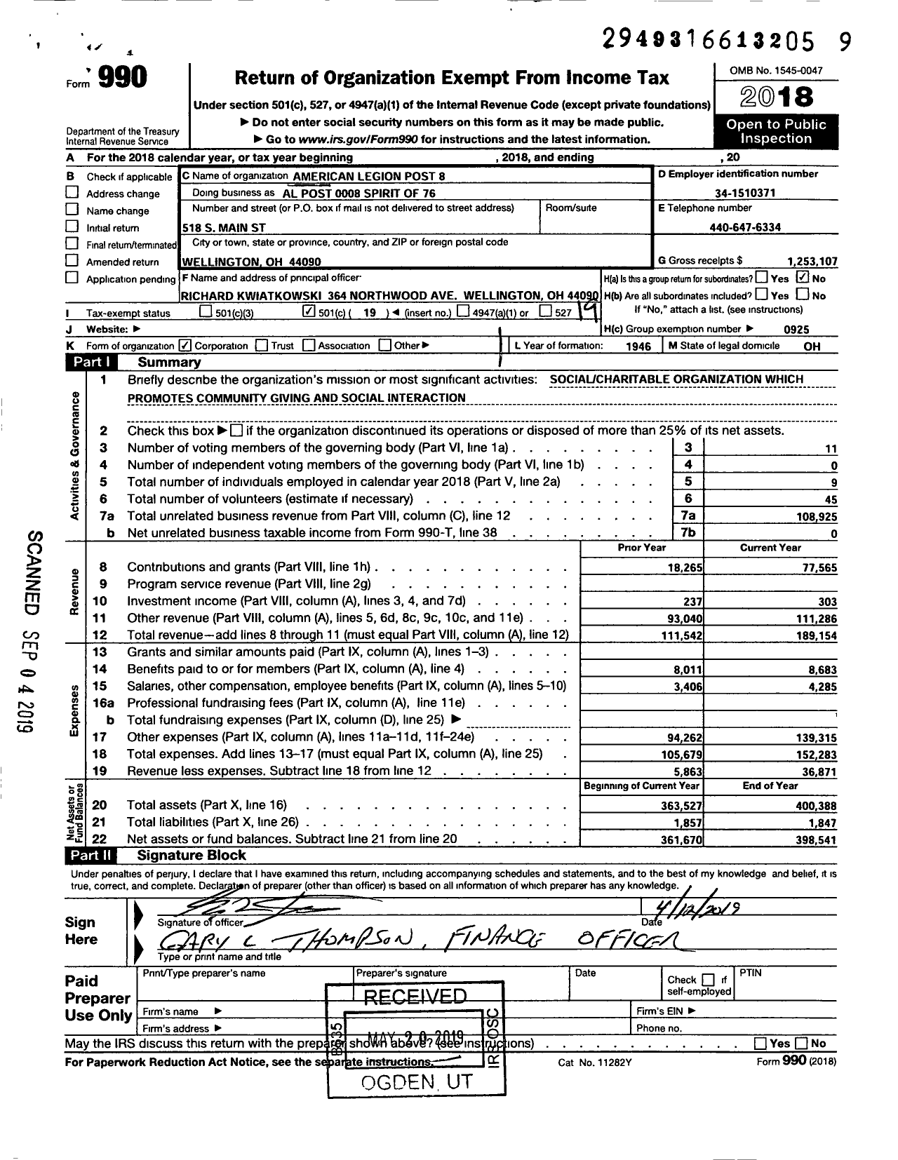 Image of first page of 2018 Form 990O for American Legion - American Legion Post 8