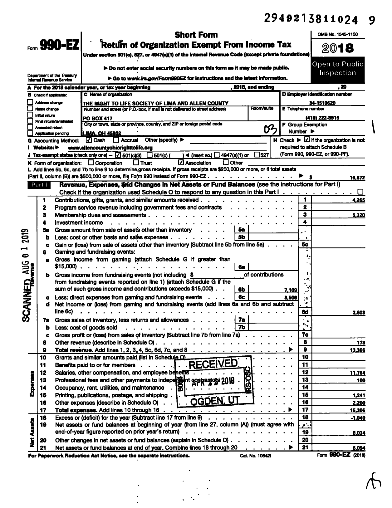 Image of first page of 2018 Form 990EZ for The Right To Life Society of Lima and Allen County