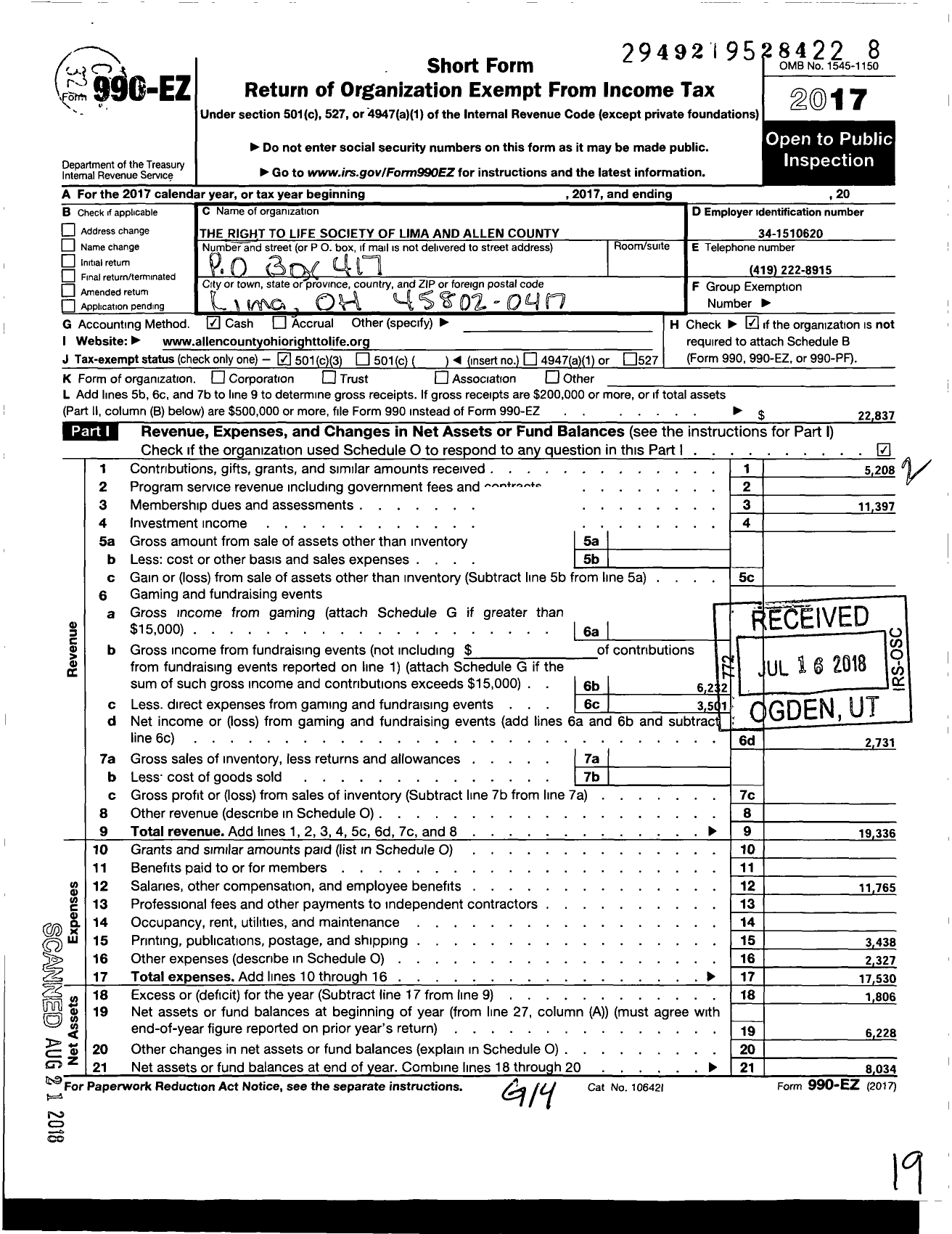 Image of first page of 2017 Form 990EZ for The Right To Life Society of Lima and Allen County