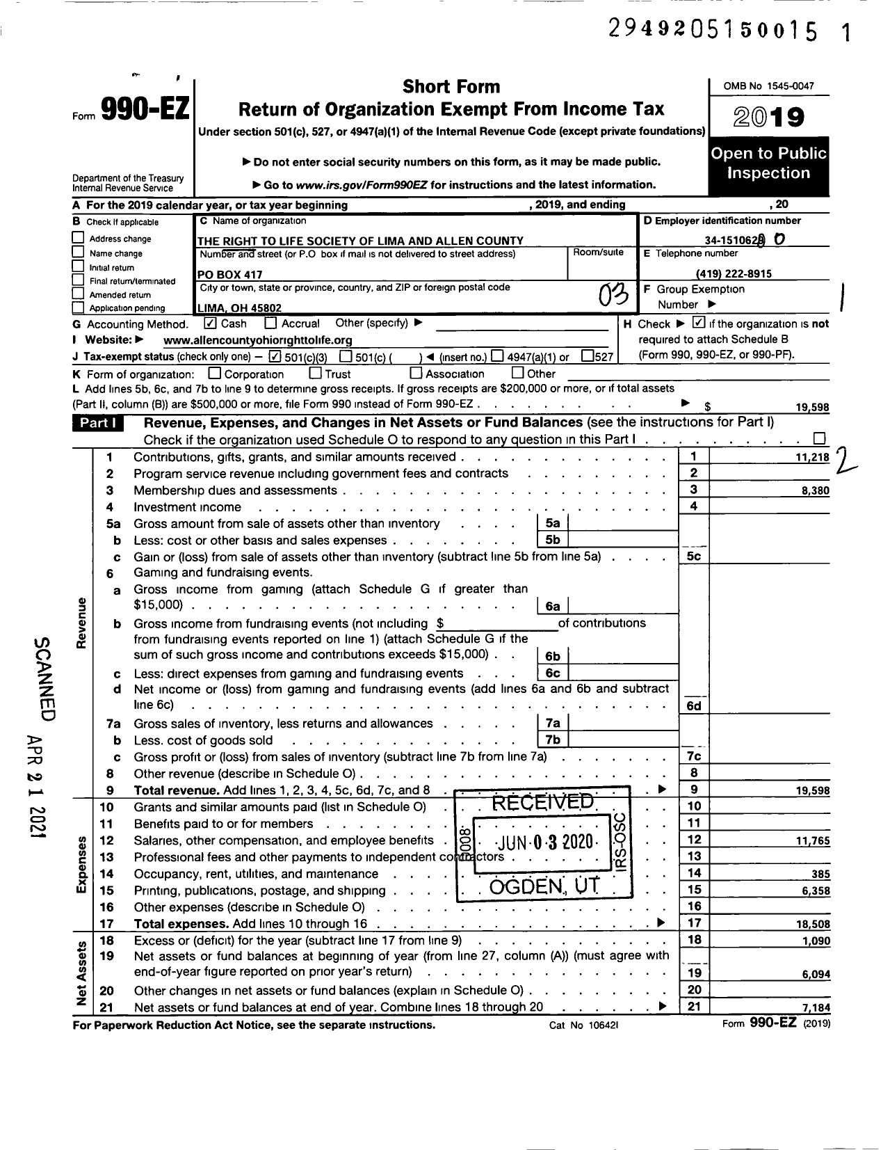 Image of first page of 2019 Form 990EZ for The Right To Life Society of Lima and Allen County