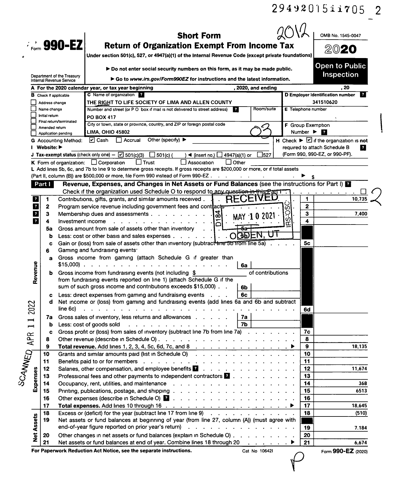 Image of first page of 2020 Form 990EZ for The Right To Life Society of Lima and Allen County