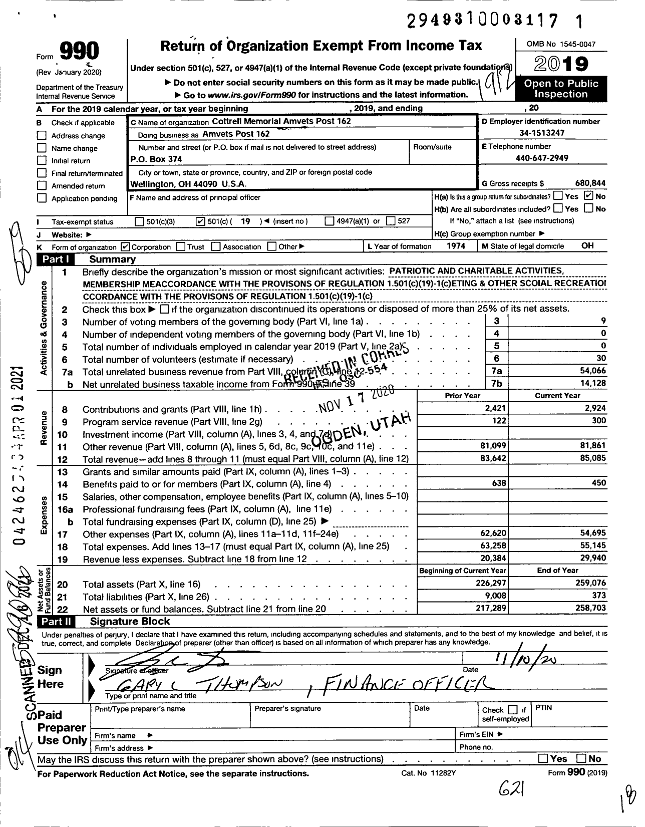 Image of first page of 2019 Form 990O for Amvets - Cottrell Memorial Amvets Post 162