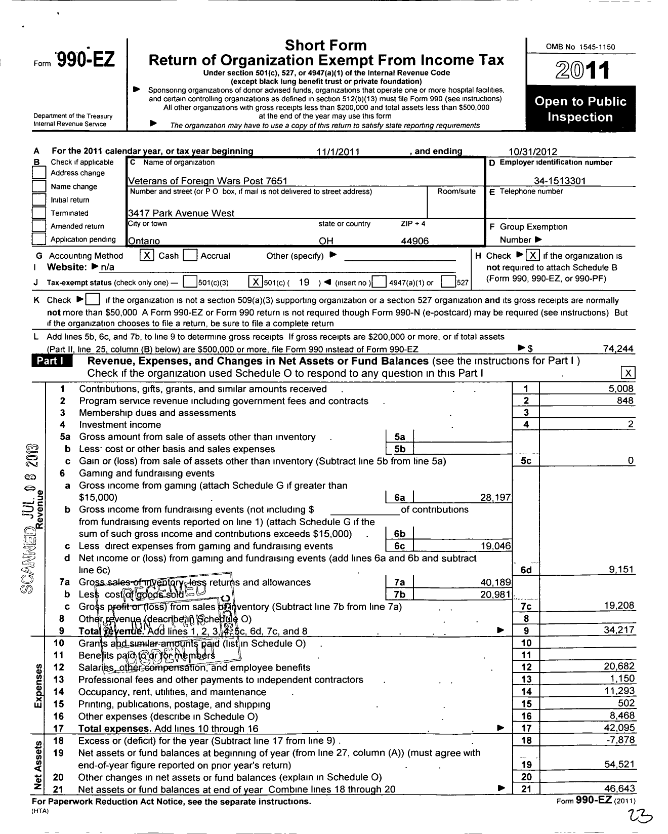 Image of first page of 2011 Form 990EO for LT Douglas C Mabee Post No 7651 Veterans of Foreign Wars of the Us