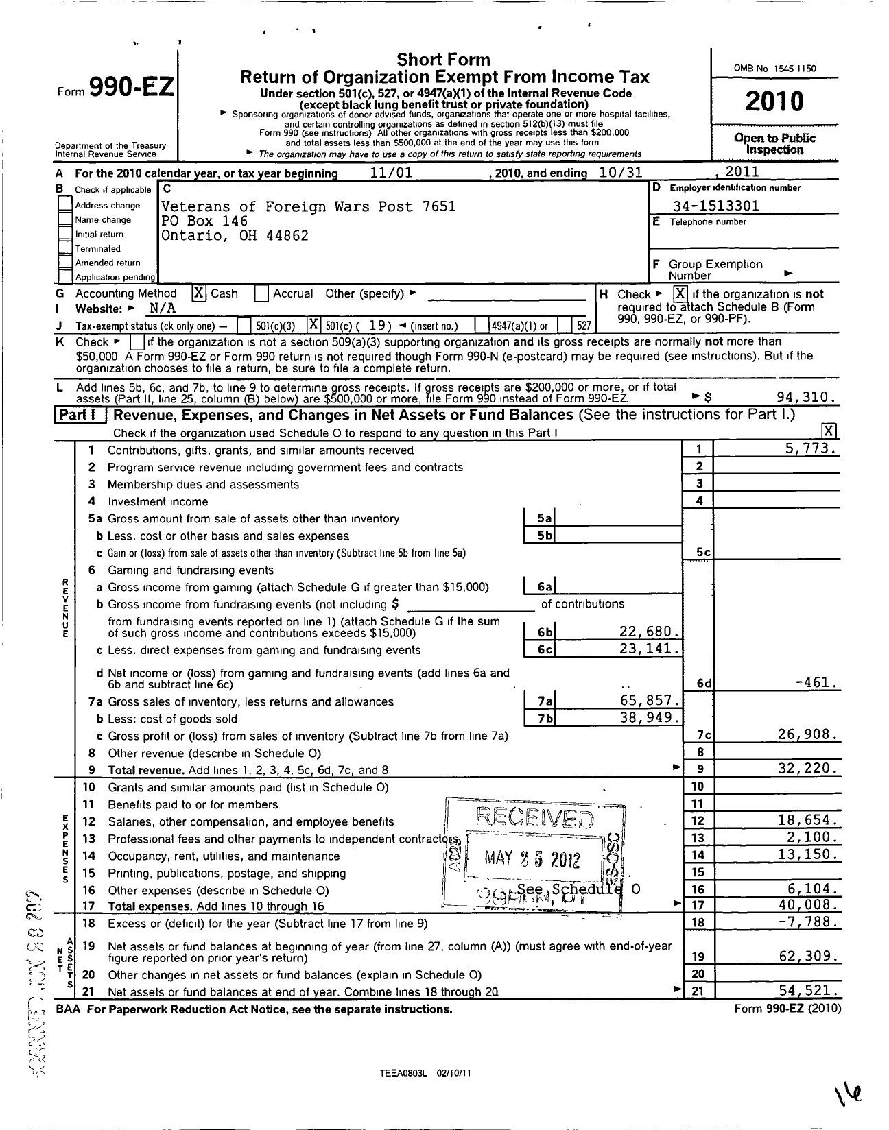 Image of first page of 2010 Form 990EO for LT Douglas C Mabee Post No 7651 Veterans of Foreign Wars of the Us