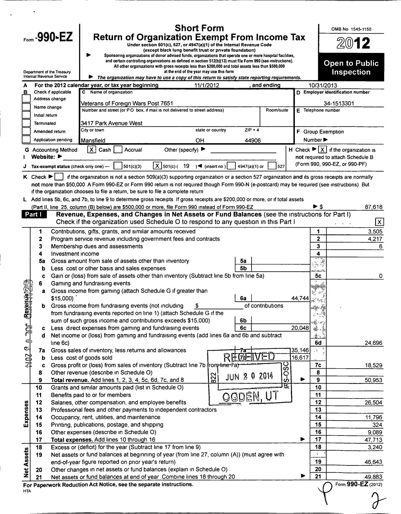 Image of first page of 2012 Form 990EO for LT Douglas C Mabee Post No 7651 Veterans of Foreign Wars of the Us