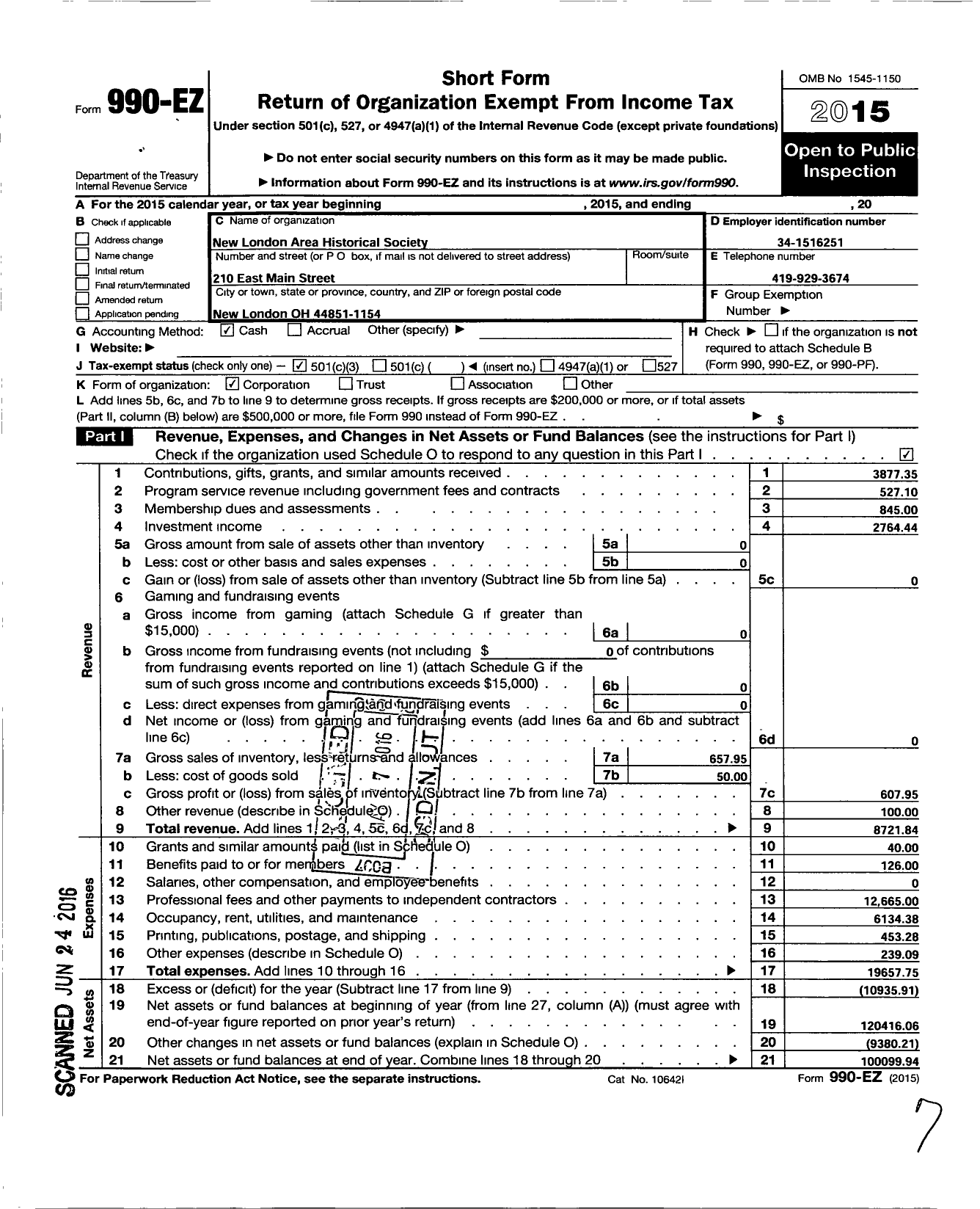 Image of first page of 2015 Form 990EZ for New London Area Historical Society