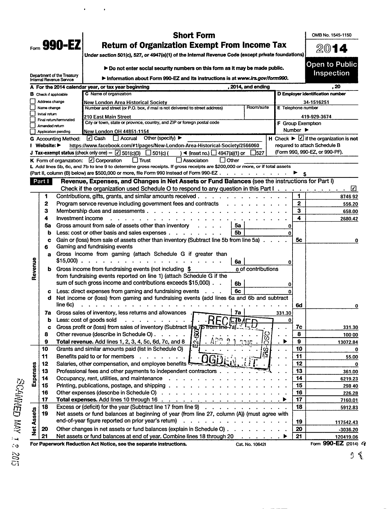 Image of first page of 2014 Form 990EZ for New London Area Historical Society