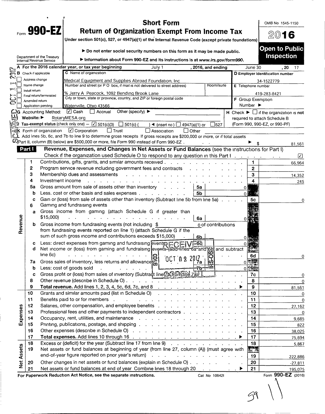 Image of first page of 2016 Form 990EZ for Medical Equipment and Supplies Abroad Foundation