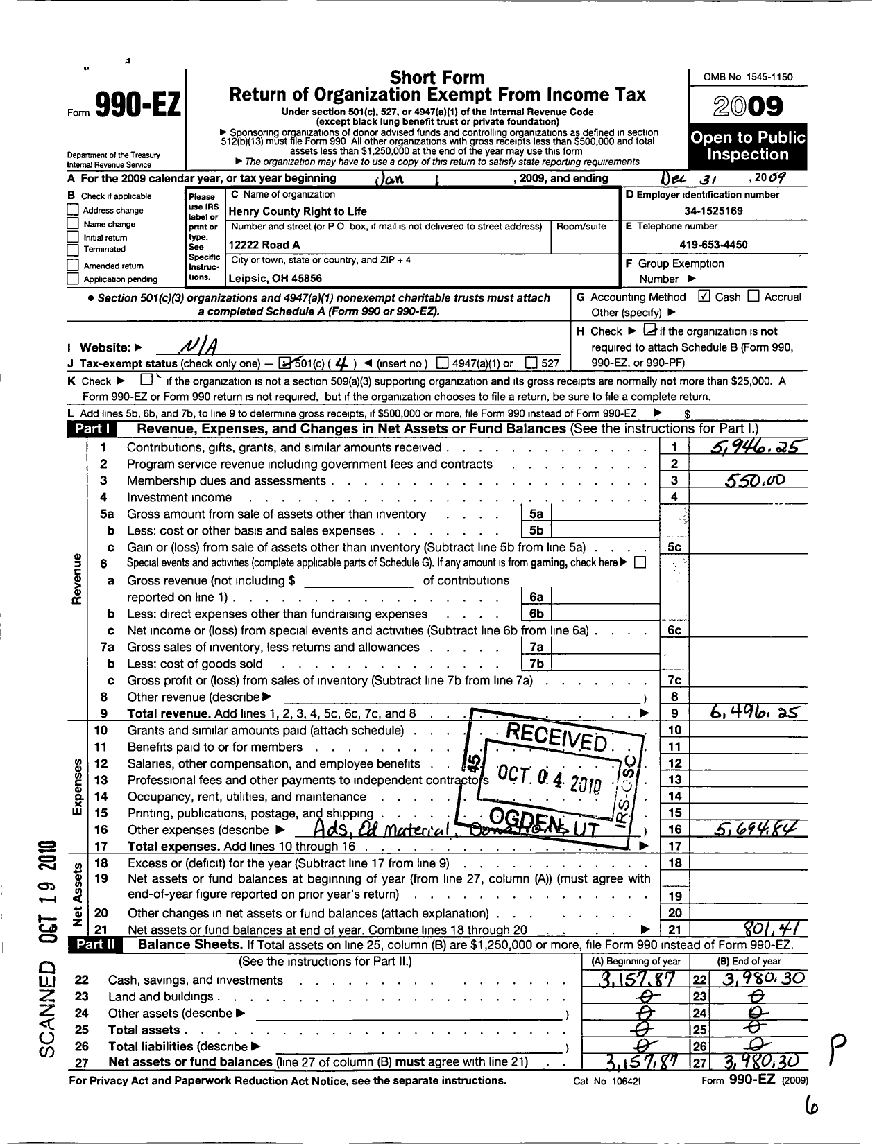 Image of first page of 2009 Form 990EO for Henry County Right To Life Society