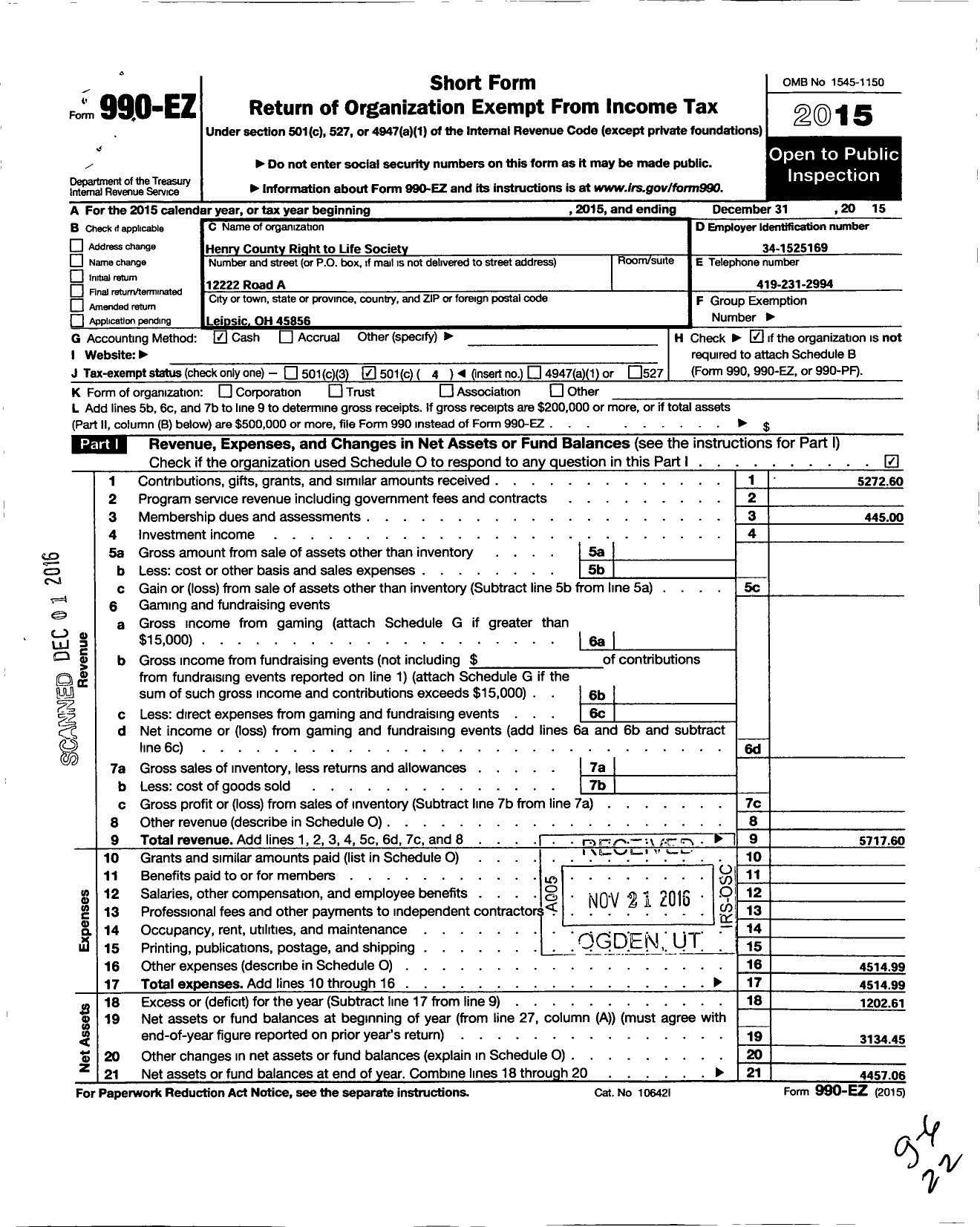 Image of first page of 2015 Form 990EO for Henry County Right To Life Society