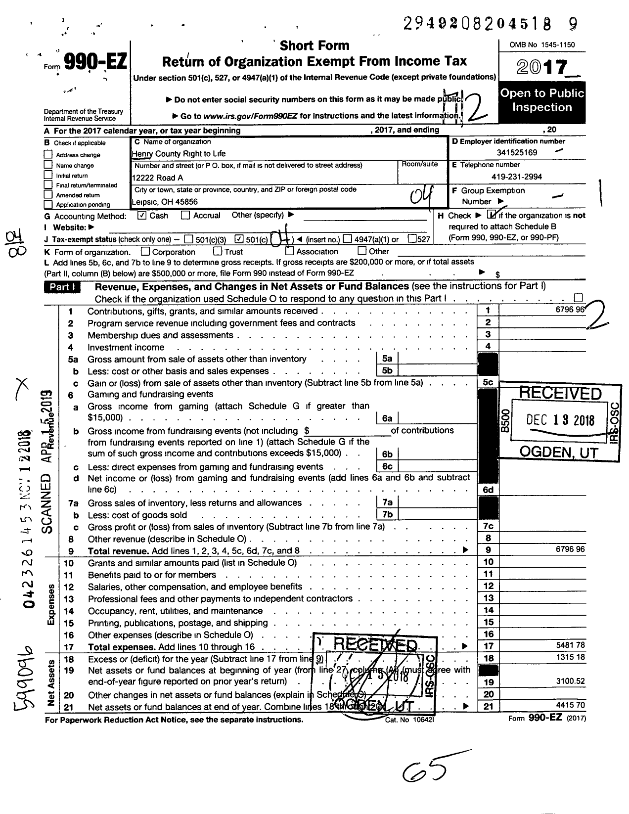 Image of first page of 2017 Form 990EO for Henry County Right To Life Society