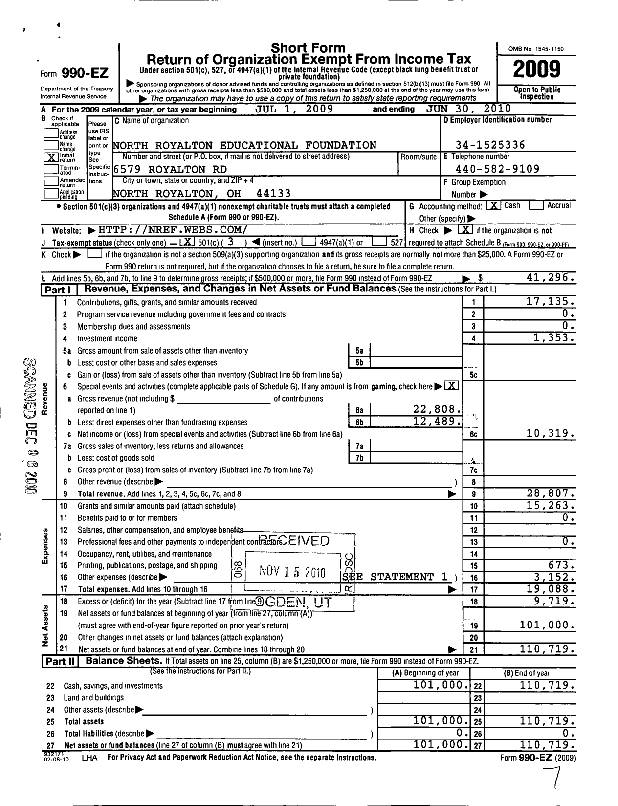 Image of first page of 2009 Form 990EZ for North Royalton Educational Foundation