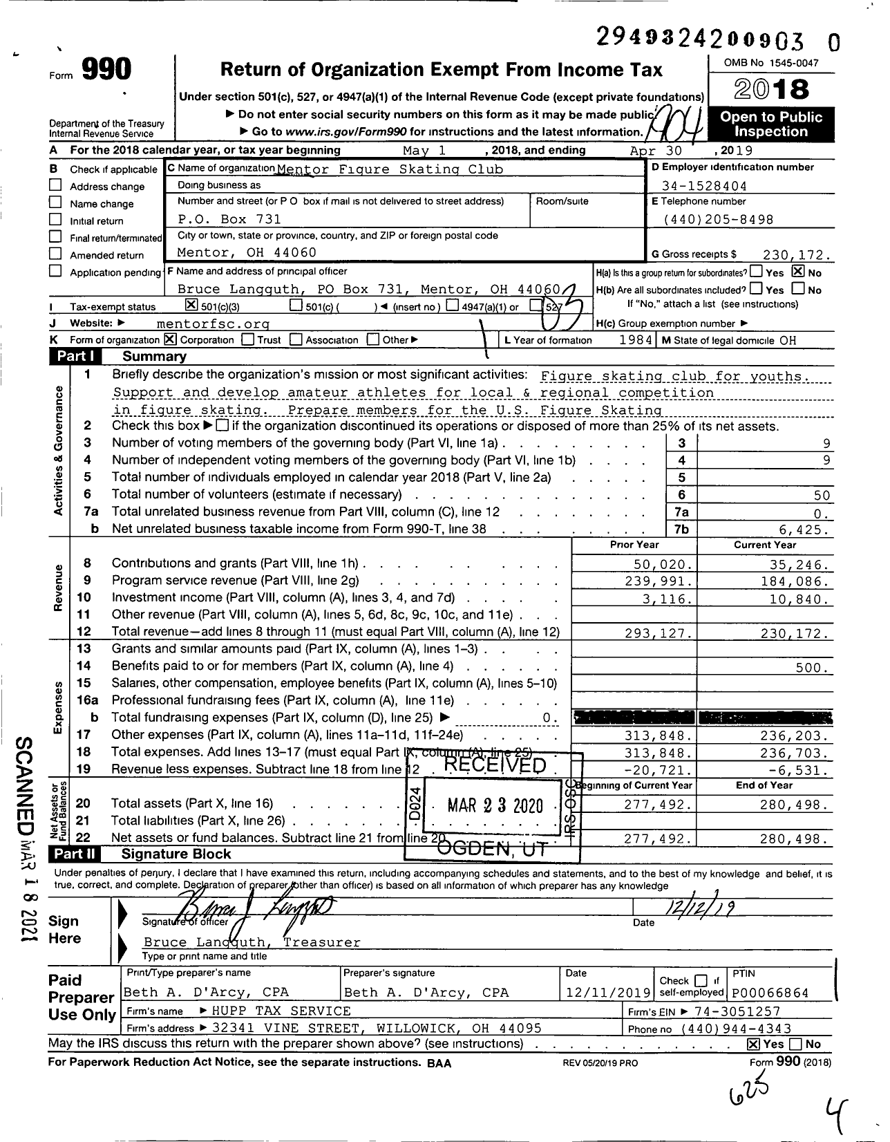 Image of first page of 2018 Form 990 for Mentor Figure Skating Club