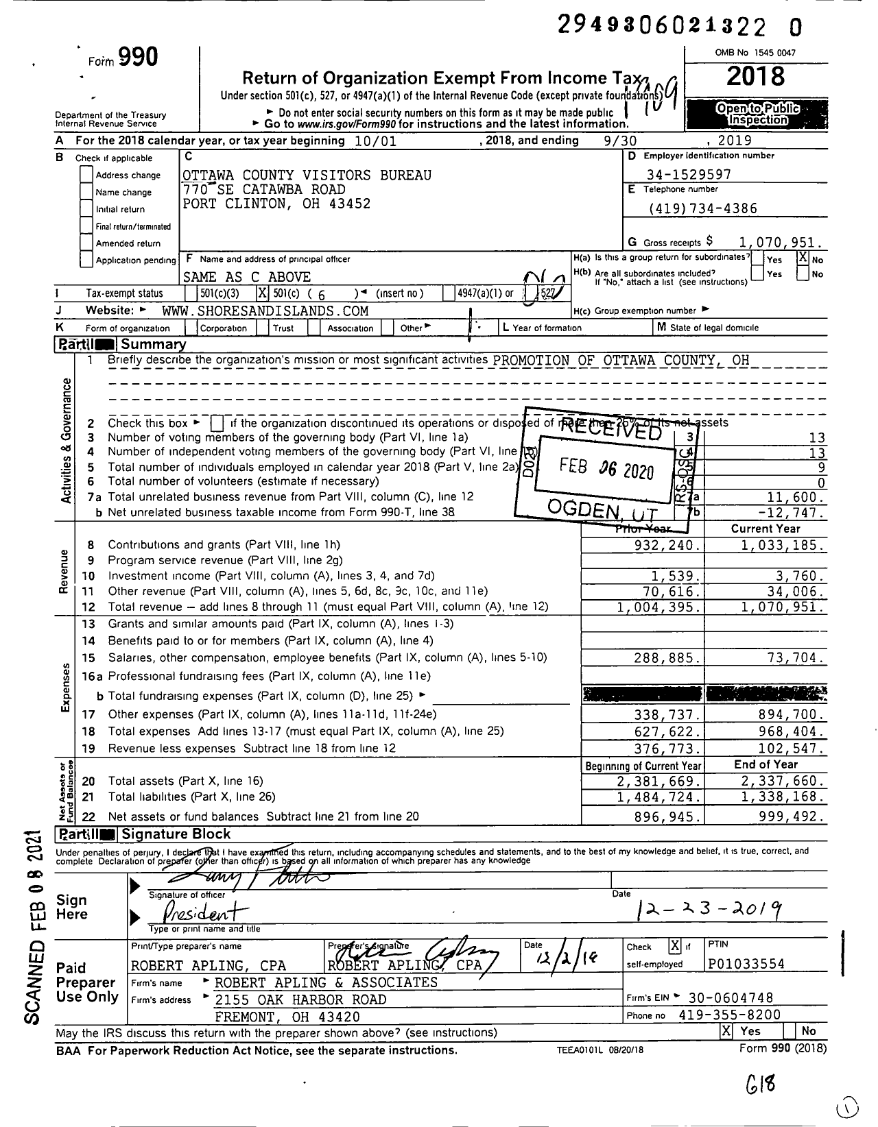 Image of first page of 2018 Form 990O for Ottawa County Visitors Bureau