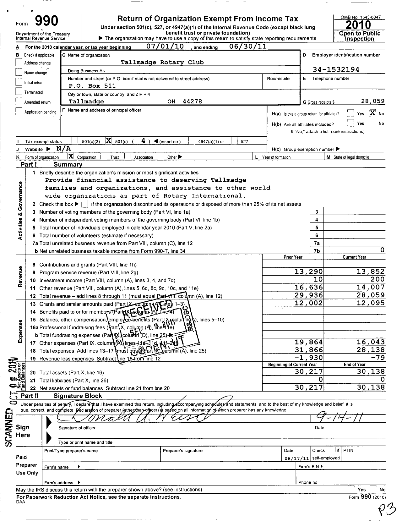 Image of first page of 2010 Form 990O for Rotary International - Tallmadge Rotary Club