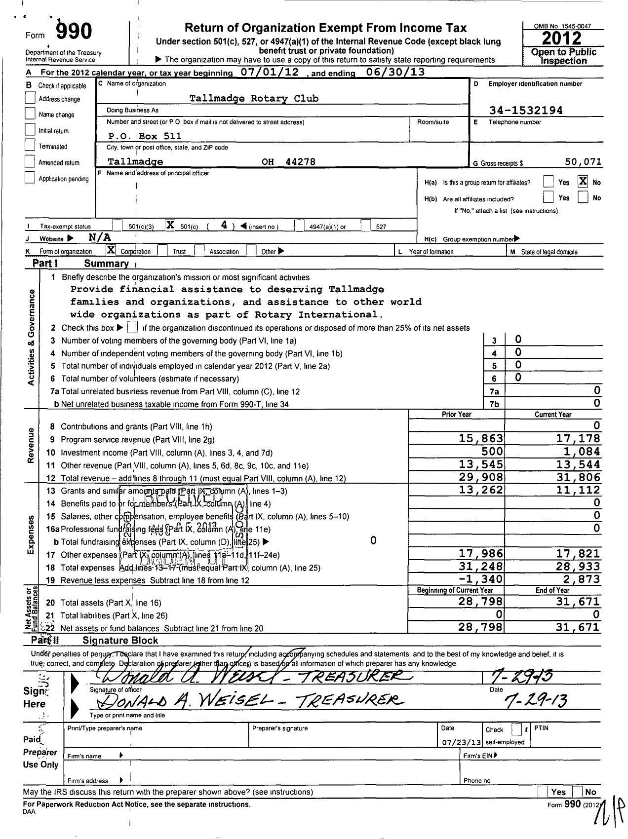 Image of first page of 2012 Form 990O for Rotary International - Tallmadge Rotary Club