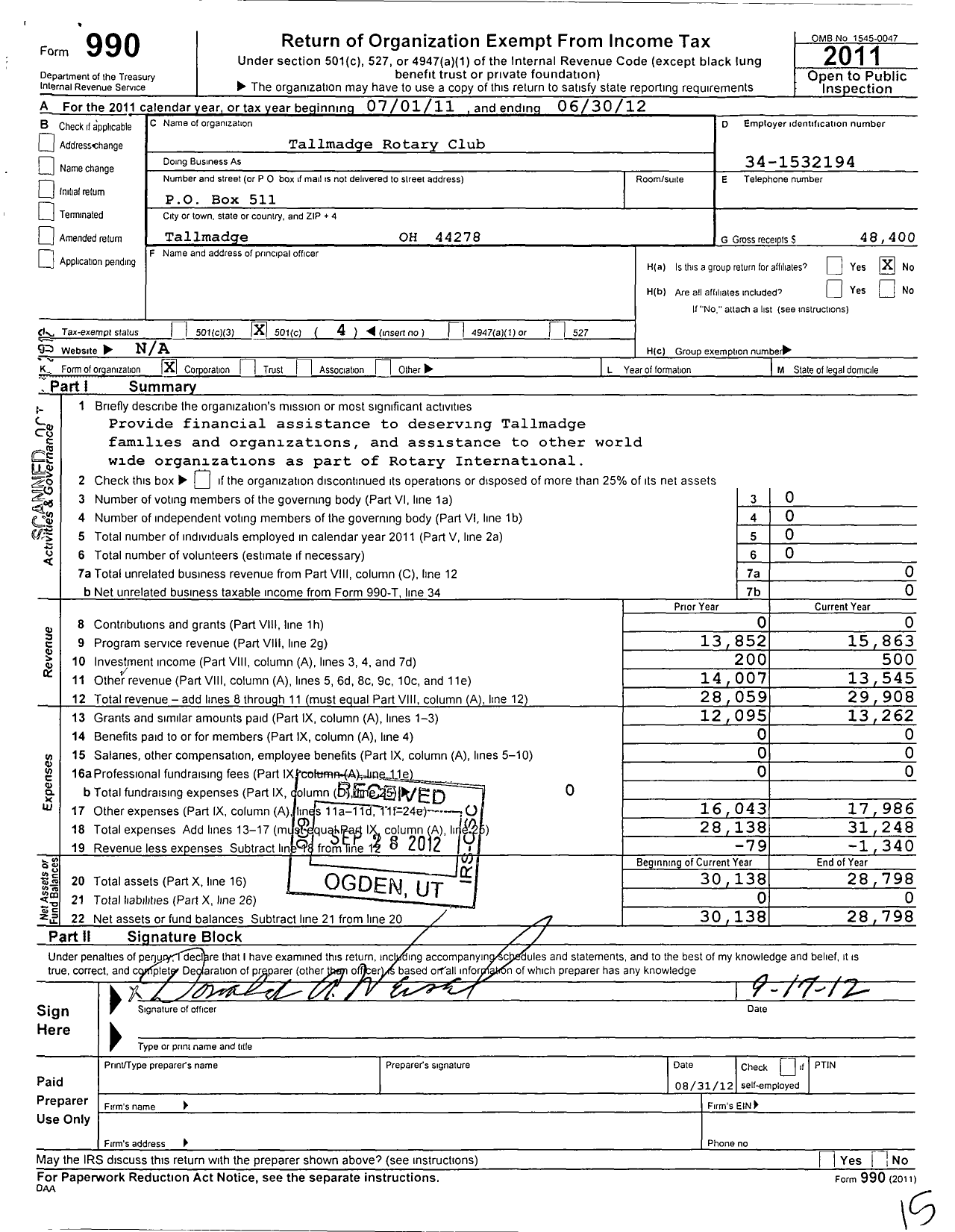 Image of first page of 2011 Form 990O for Rotary International - Tallmadge Rotary Club