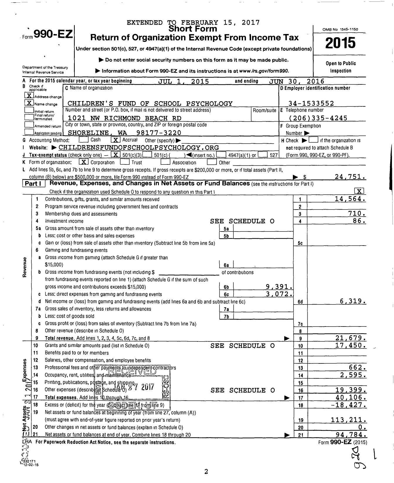 Image of first page of 2015 Form 990EZ for The Children's Fund of School Psychology