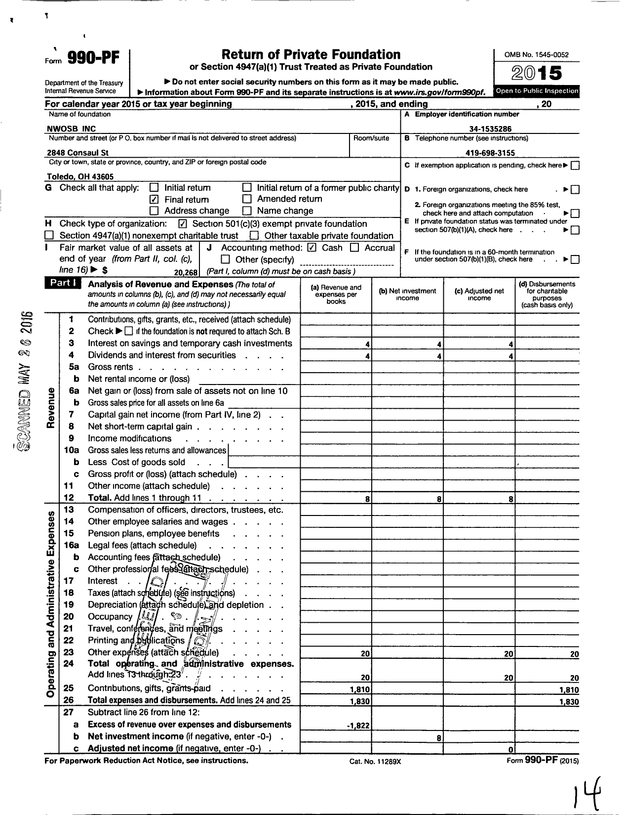 Image of first page of 2015 Form 990PF for Nwosb