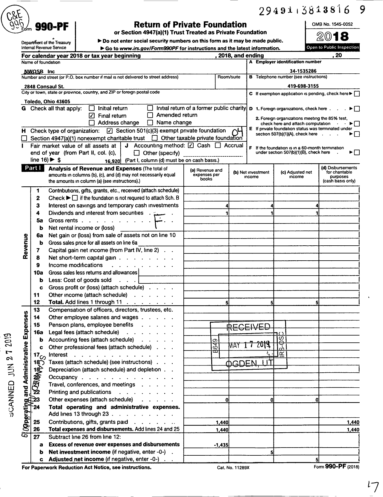 Image of first page of 2018 Form 990PF for Nwosb
