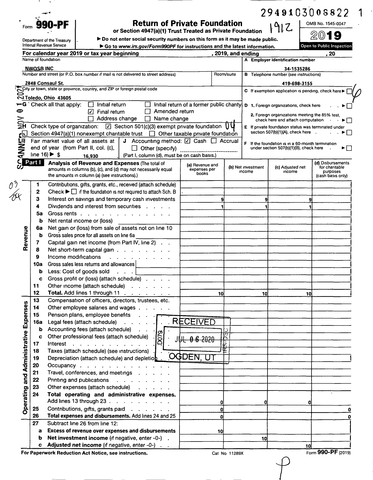 Image of first page of 2019 Form 990PF for Nwosb