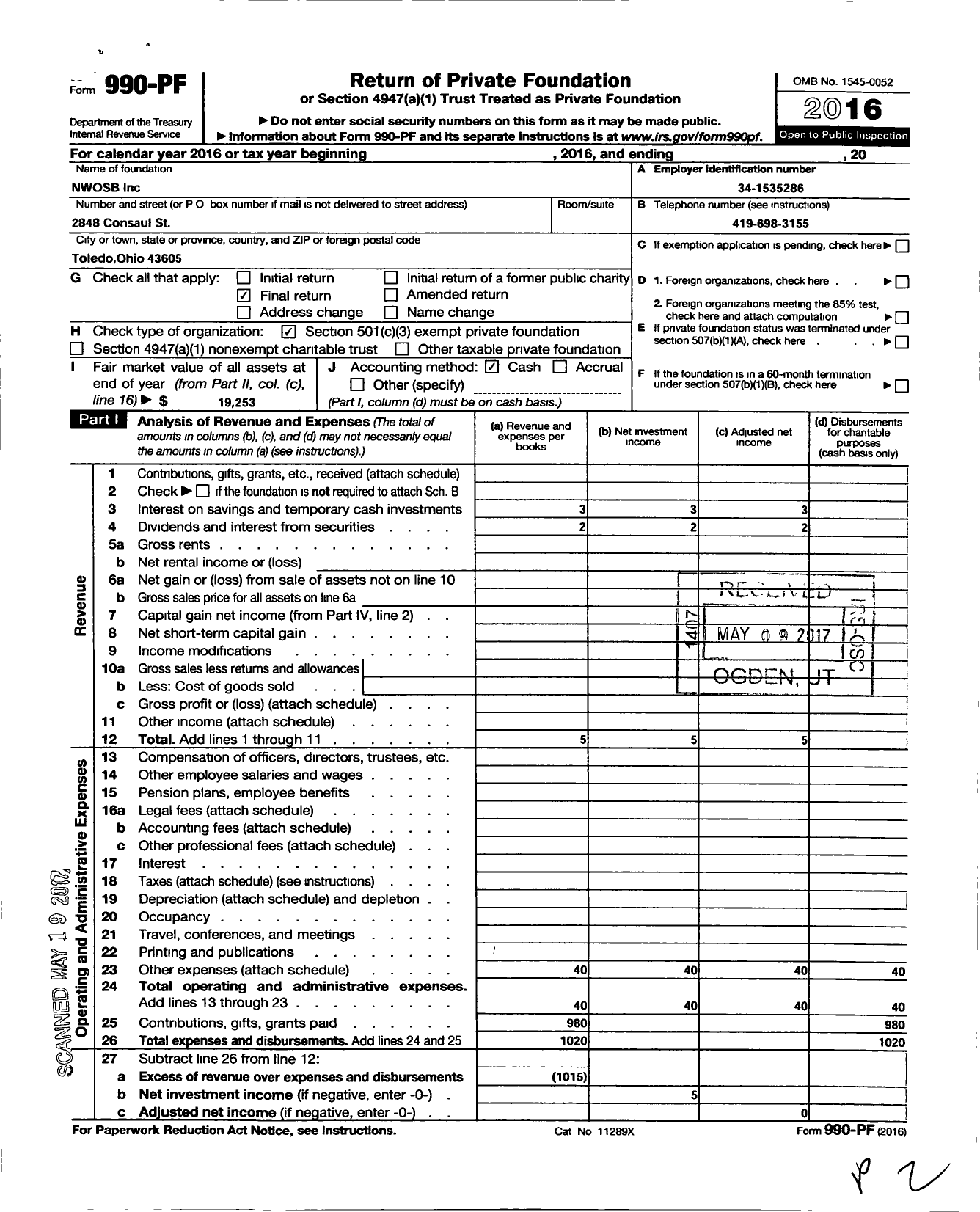 Image of first page of 2016 Form 990PF for Nwosb