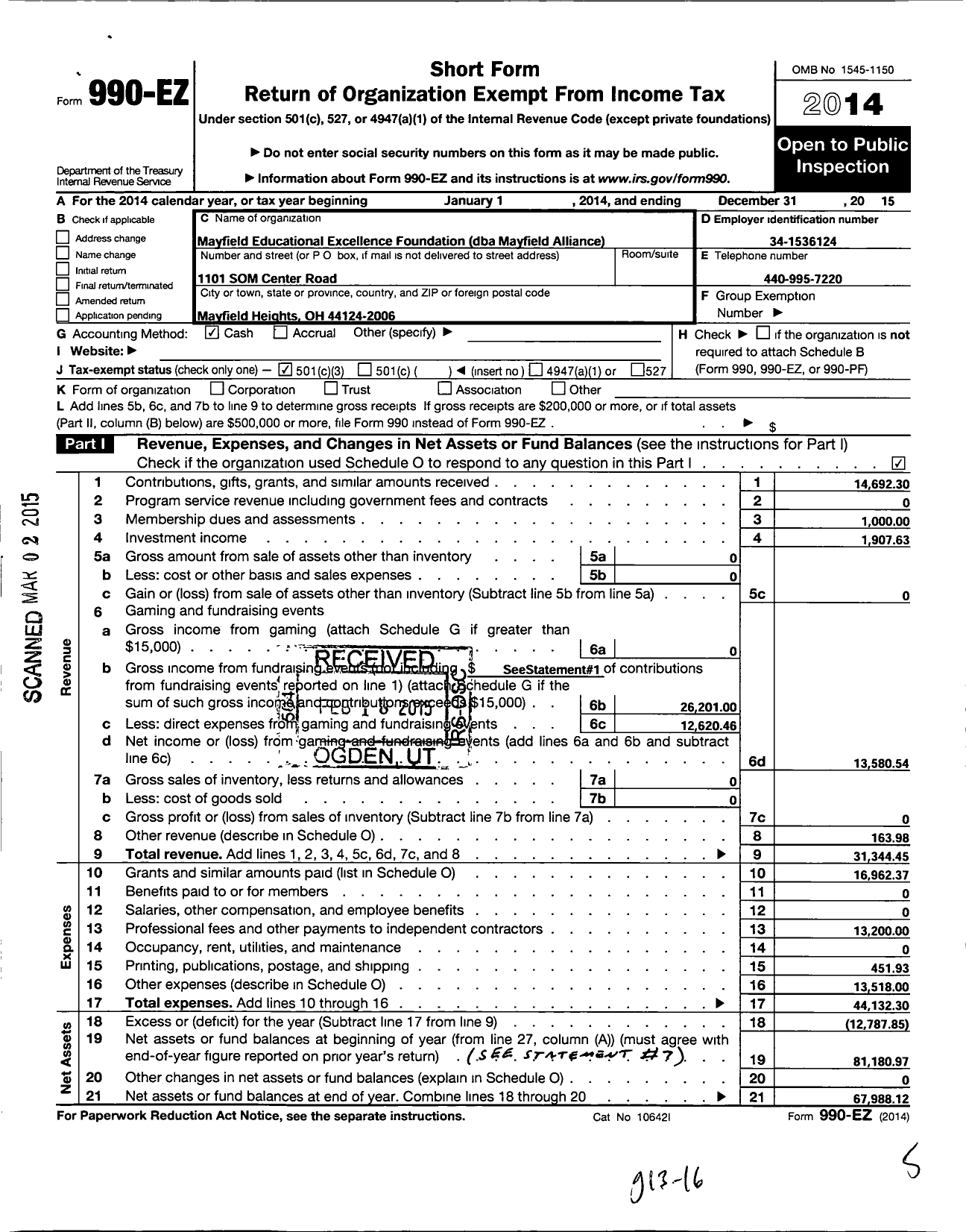 Image of first page of 2015 Form 990EZ for Mayfield Educational Excellence Foundation