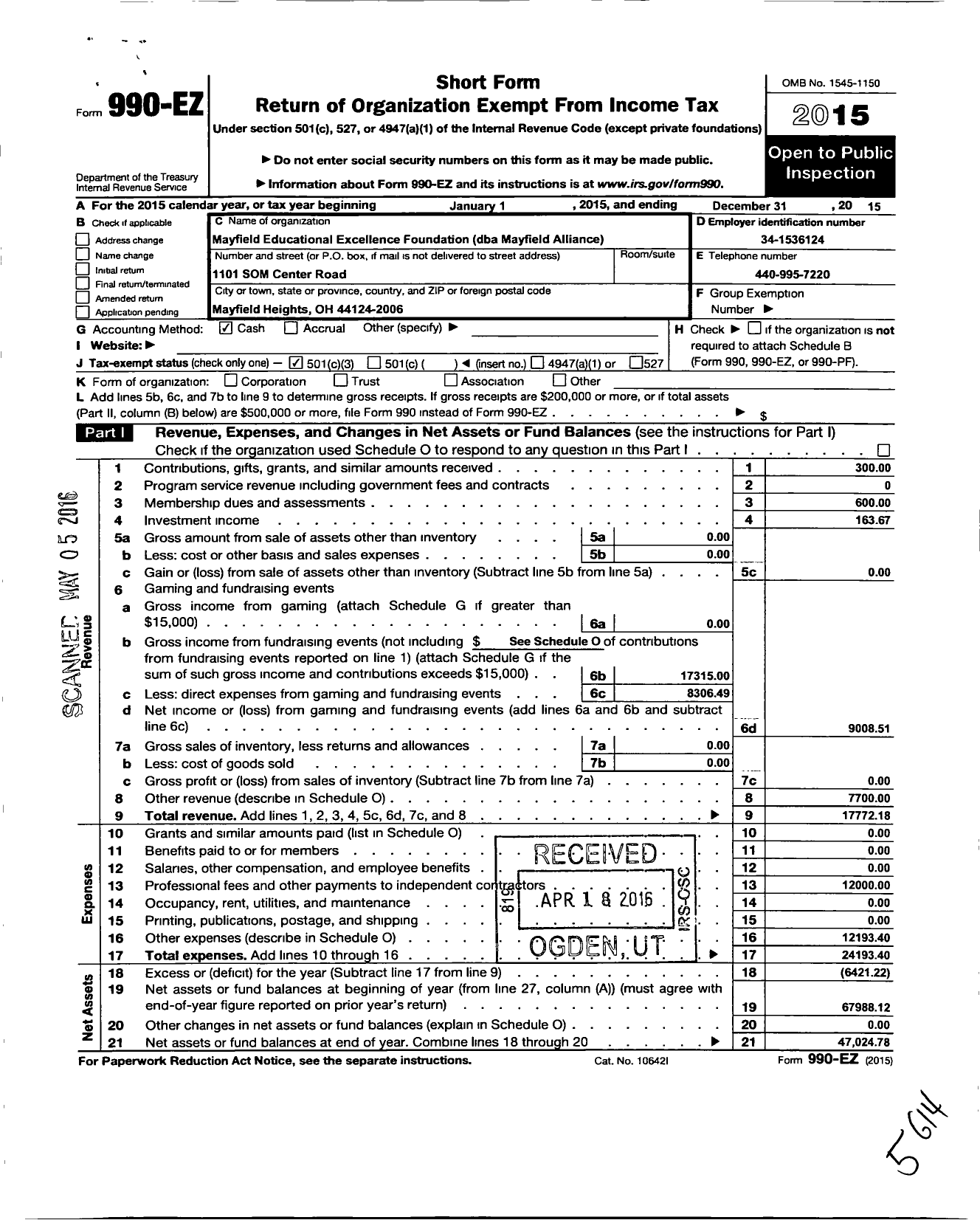 Image of first page of 2015 Form 990EZ for Mayfield Educational Excellence Foundation