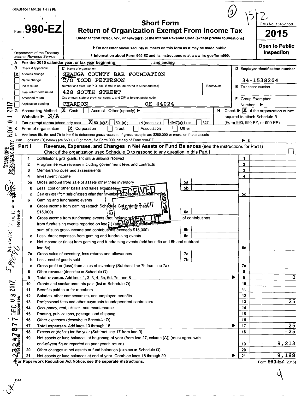 Image of first page of 2015 Form 990EZ for Geauga County Bar Foundation