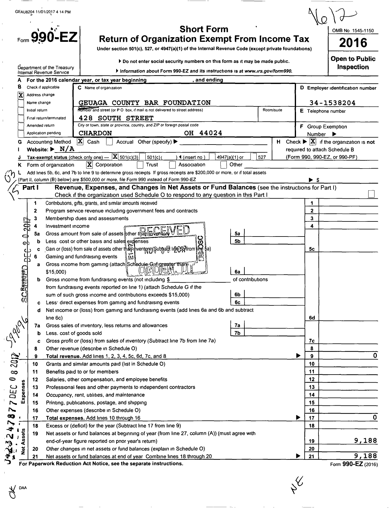 Image of first page of 2016 Form 990EZ for Geauga County Bar Foundation