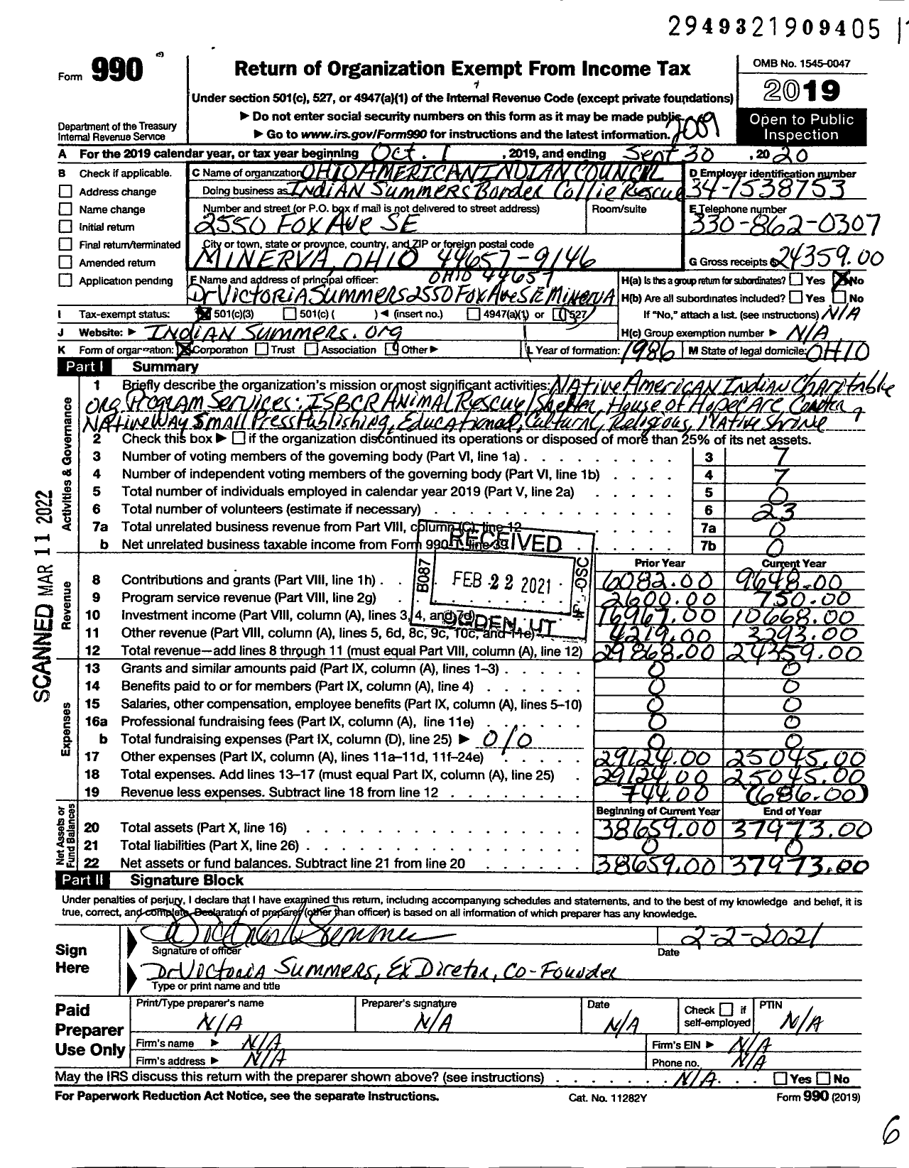 Image of first page of 2019 Form 990 for Indian Summers Border Collie Rescue