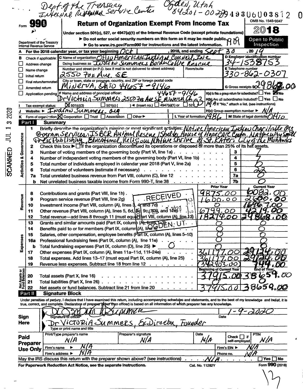 Image of first page of 2018 Form 990 for Indian Summers Border Collie Rescue