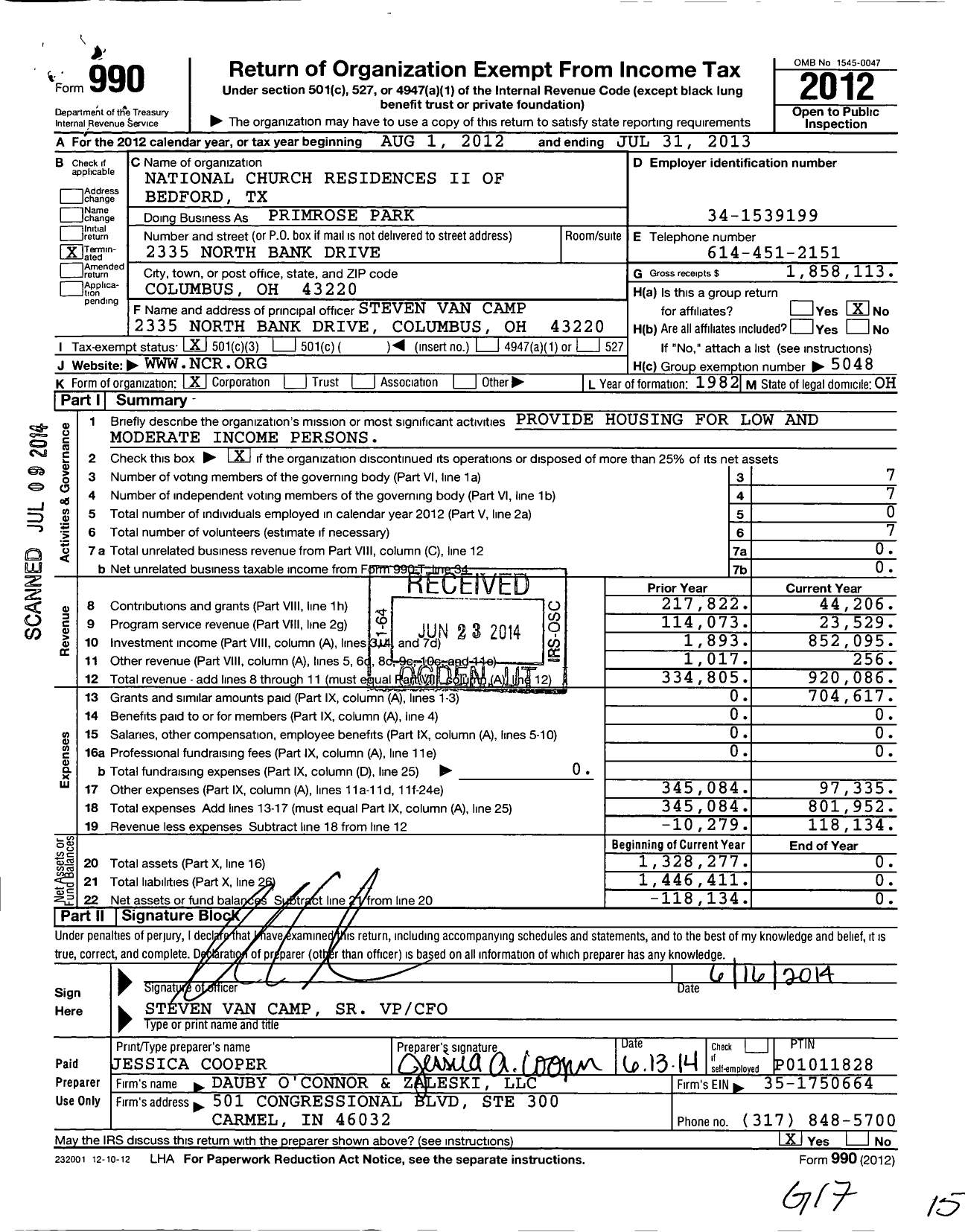 Image of first page of 2012 Form 990 for National Church Residences Ii of Bedford TX