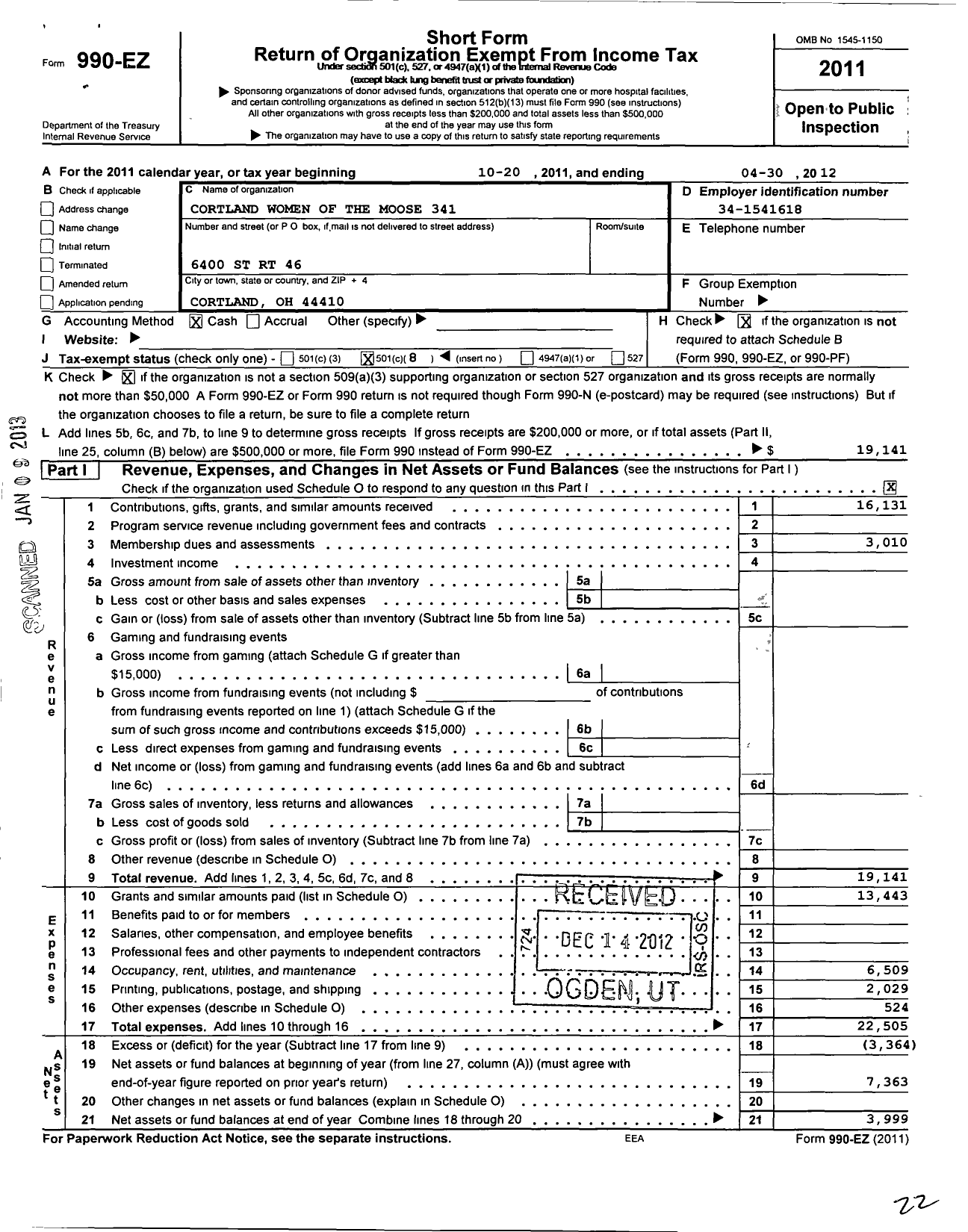 Image of first page of 2011 Form 990EO for Cortland Chapter 341 Women of the Moose