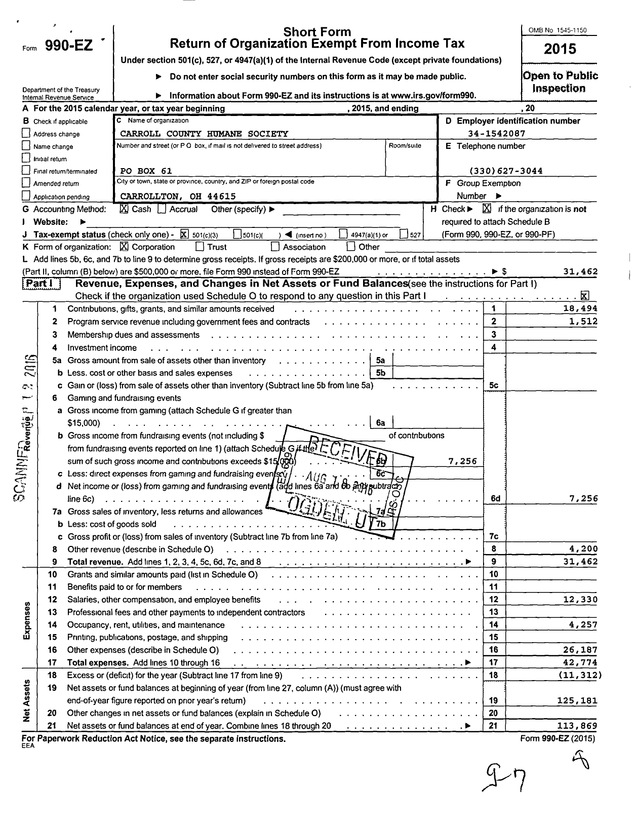 Image of first page of 2015 Form 990EZ for Carroll County Humane Society