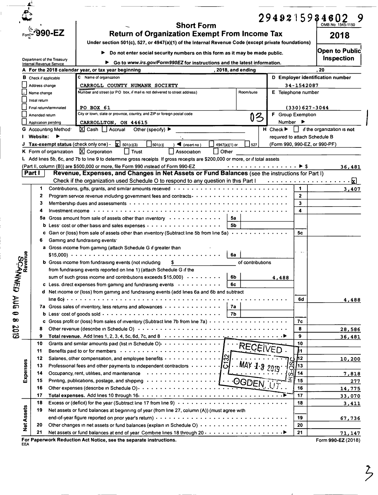 Image of first page of 2018 Form 990EZ for Carroll County Humane Society