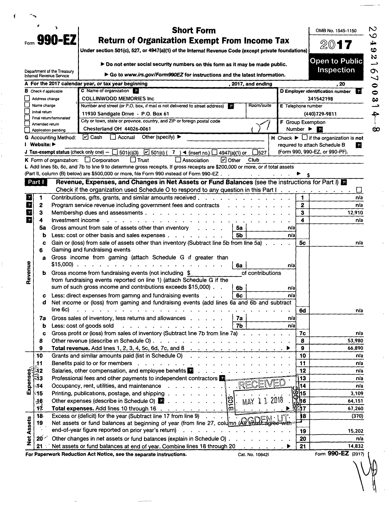 Image of first page of 2017 Form 990EO for Collinwood Memories Club