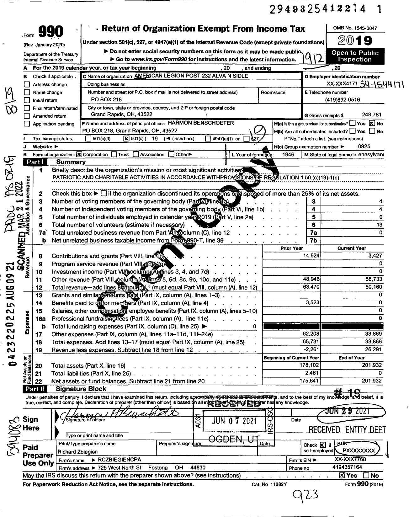 Image of first page of 2019 Form 990O for American Legion - 232 Alva N Sidle Oh Post