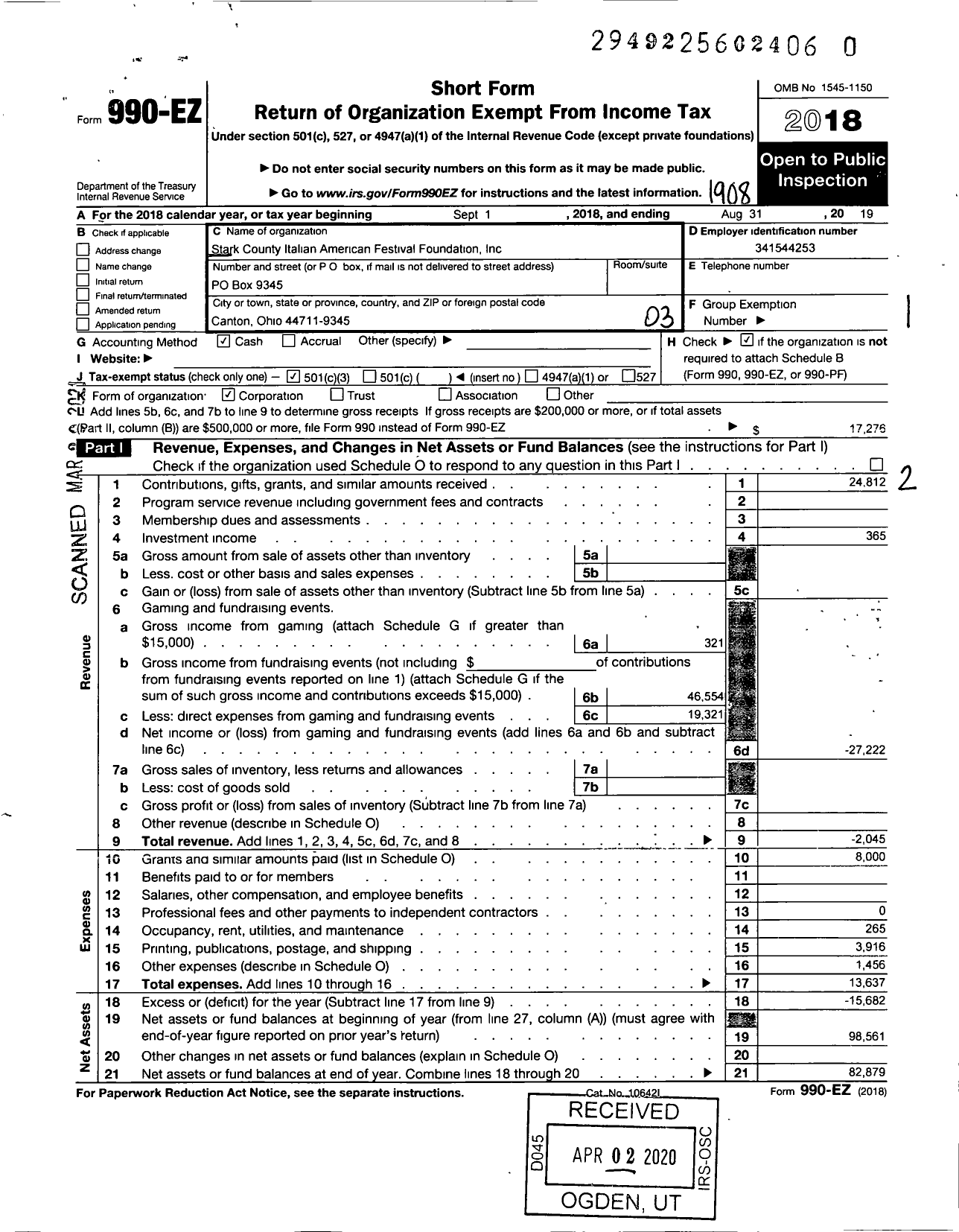 Image of first page of 2018 Form 990EZ for Stark County Italian American Festival Foundation