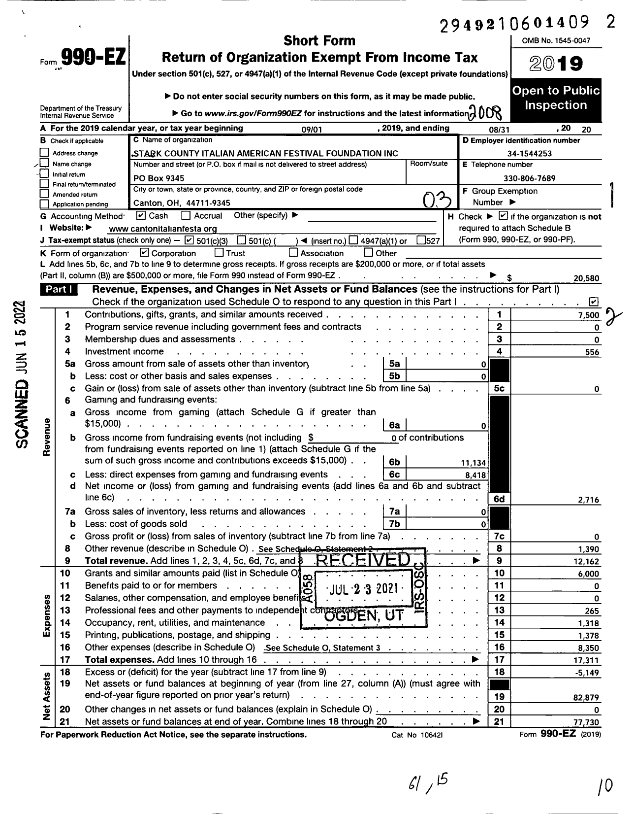 Image of first page of 2019 Form 990EZ for Stark County Italian American Festival Foundation