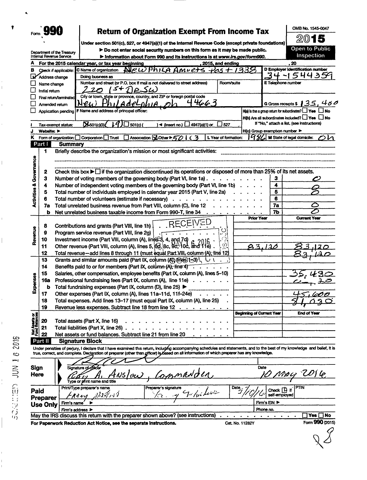 Image of first page of 2015 Form 990O for Amvets - 1338-Oh