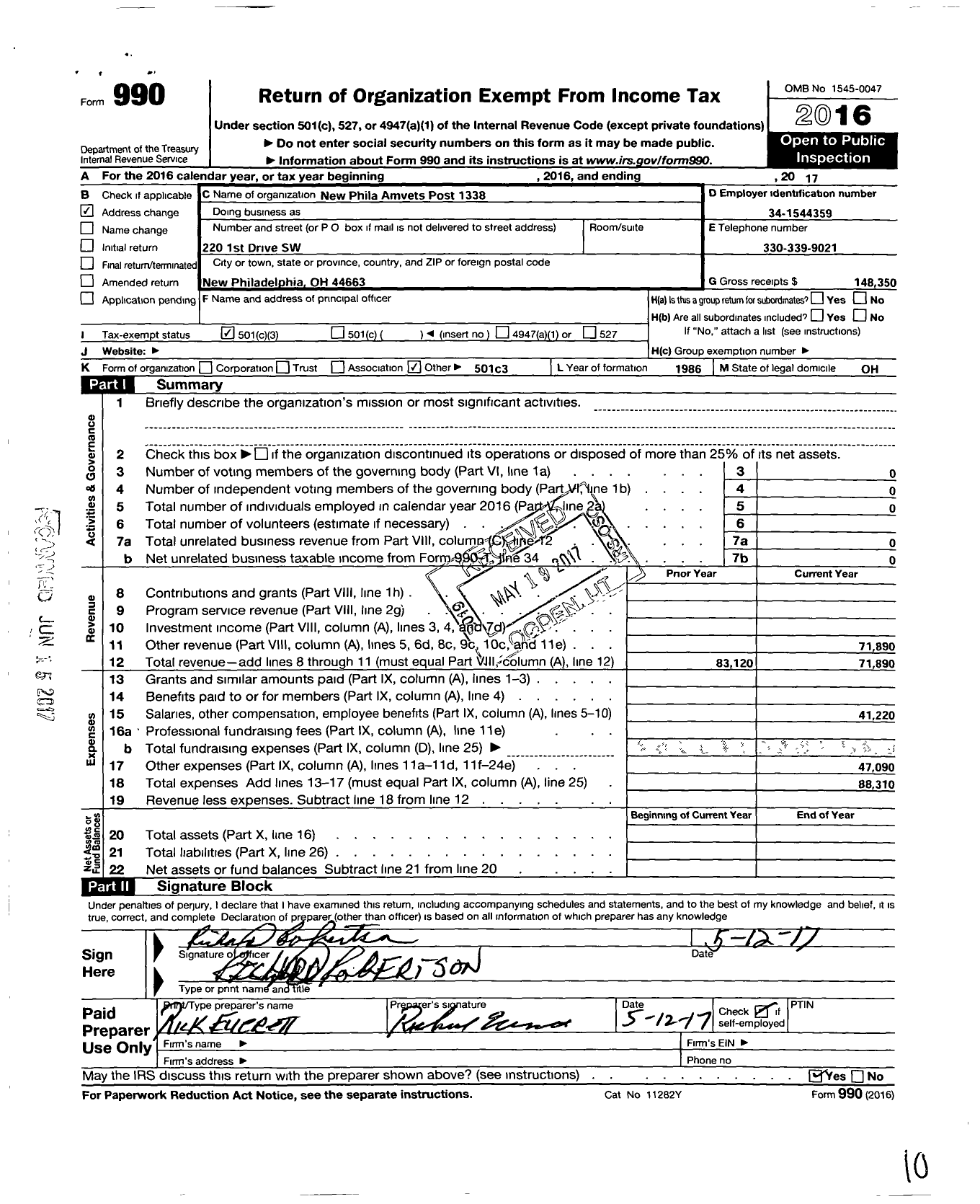 Image of first page of 2017 Form 990 for Amvets - 1338-Oh