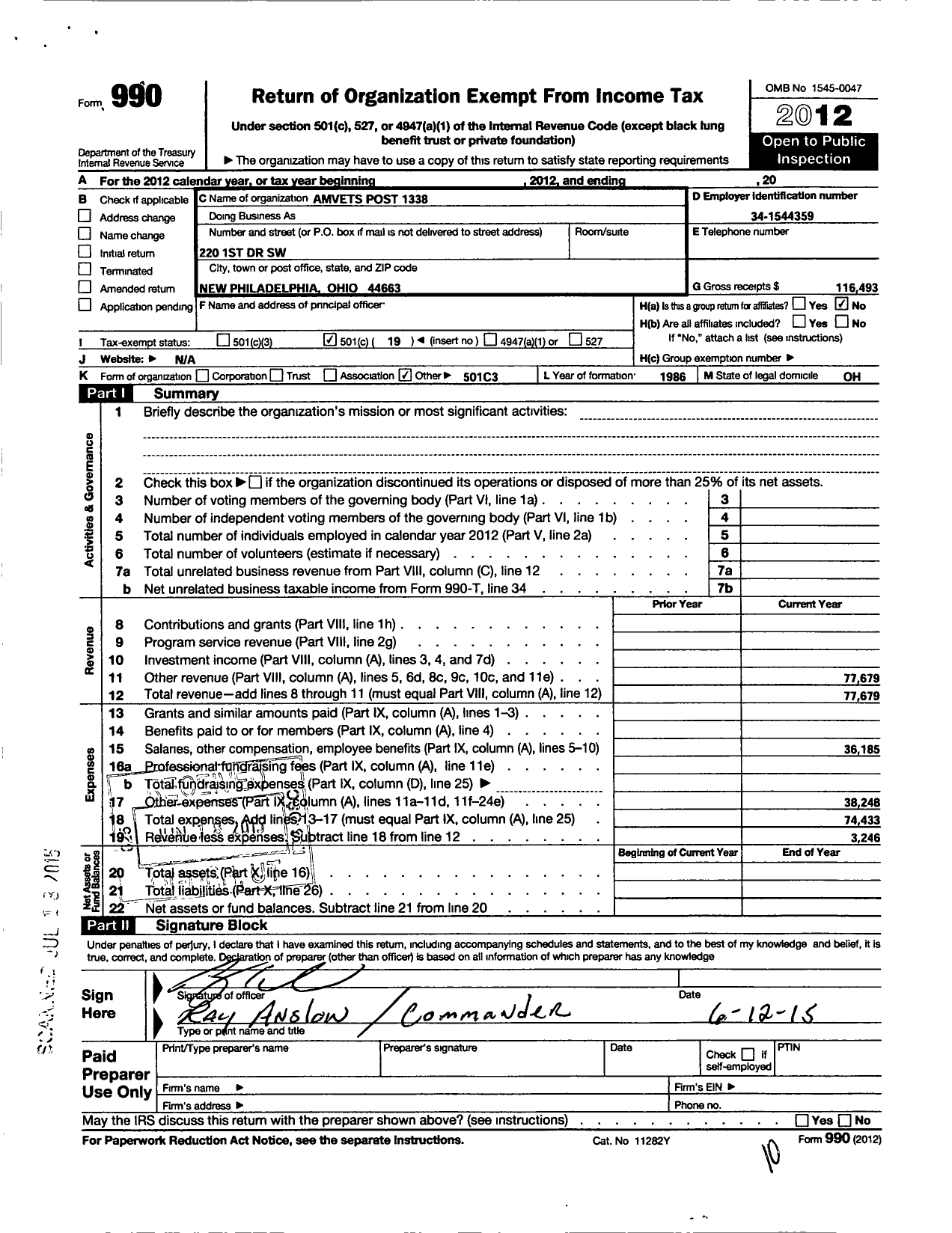 Image of first page of 2012 Form 990O for Amvets - 1338-Oh