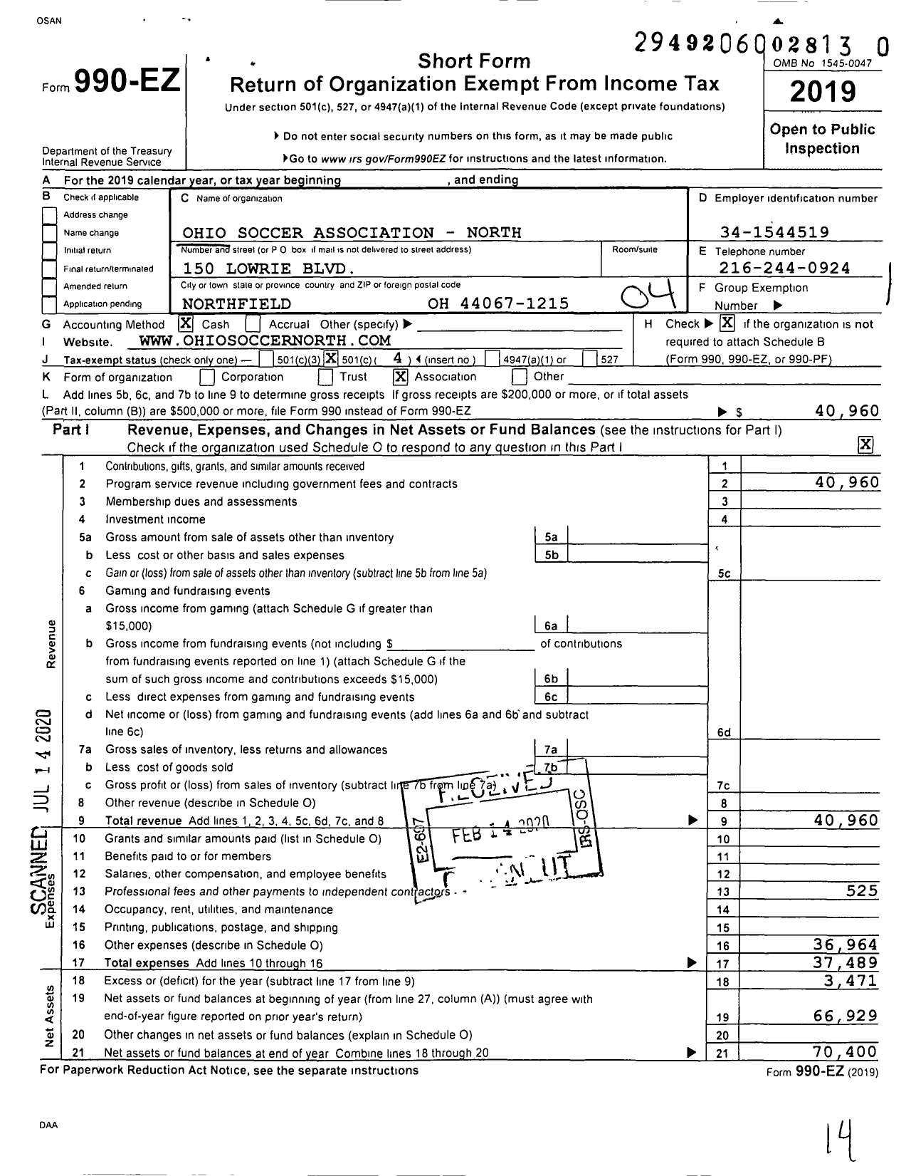 Image of first page of 2019 Form 990EO for Ohio Soccer Association - North