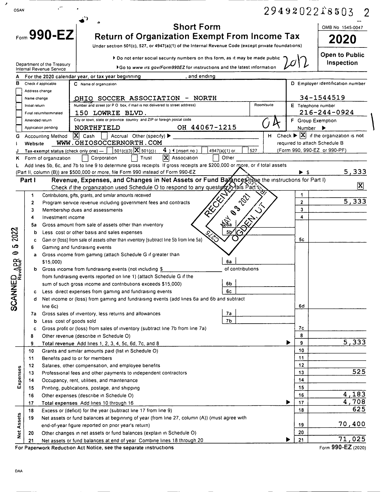 Image of first page of 2020 Form 990EO for Ohio Soccer Association - North